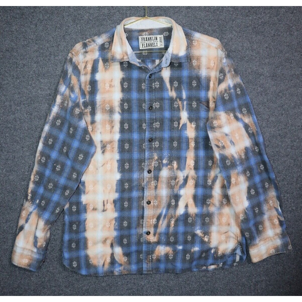 Franklin Flannels Shirt Size XL Men Faded Blue Plaid Bleach LS Lived In Upcycled